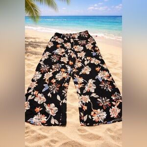 Elegant Black Floral Wide-Leg Flowy Pants